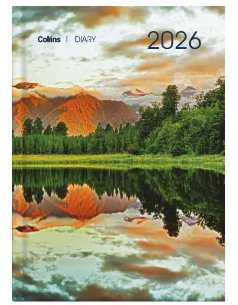 Collins 2026 diary cover with a scenic mountain and lake illustration.